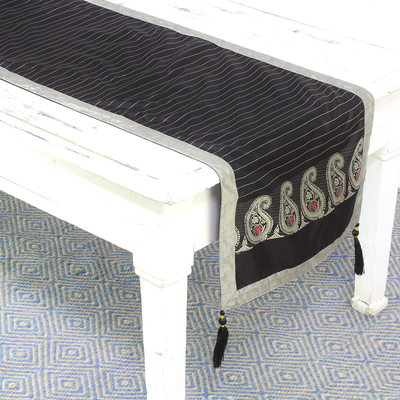 Jacquard Silk Table Runner in Coal and Pearl Grey from India - Regal  Holiday in Coal
